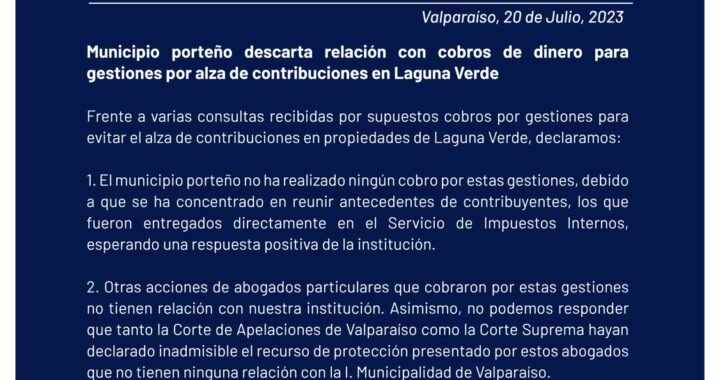 Municipio porteño descarta relación con cobros de dinero para gestiones por alza de contribuciones en Laguna Verde