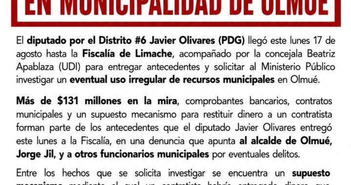 Diputado Olivares denuncia posible millonario fraude en Municipalidad de Olmué